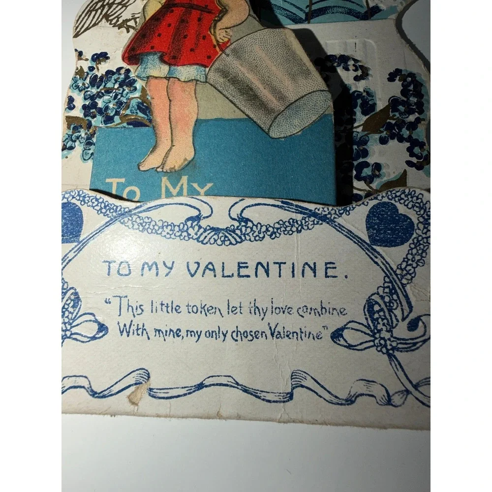VTG Valentine Card Blue Girl with Pail Mechanical Pop Up Ephemera Junk Journal